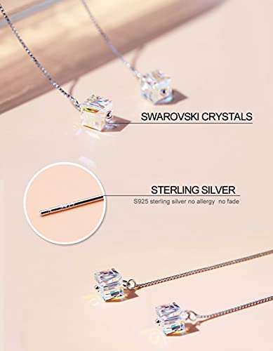 AllenCOCO Threader Earrings for Women Hypoallergenic 925 Sterling Silver Long Dangle Earrings Austria Crystals Drop Earrings (White)