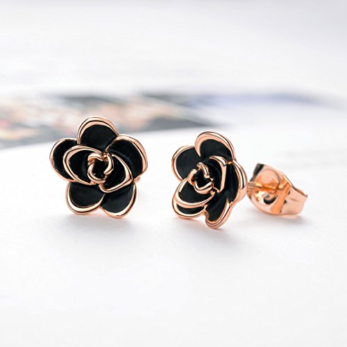 Flower Stud Earrings Hypoallergenic for Women - AllenCOCO 18K Gold Plated Black Rose Earrings, Nickel Free