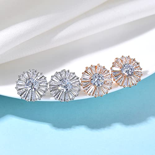 AllenCOCO 14K Rose Gold Plated CZ Halo Clip On Stud Earrings, Round Cubic Zirconia Non Pierced Clip Earrings For Women Girls