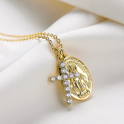 Gold Cross Necklaces for Women, AllenCOCO Rose Gold Plated Virgin Mary Pendant Necklace with Cubic Zirconia for Girls
