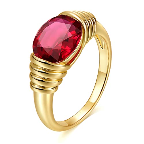 AllenCOCO Gold Ring for Women Trendy Ruby Ring Red Gemstone Chunky Ring 18k Gold Plated Band Ring Signet Statement Ring