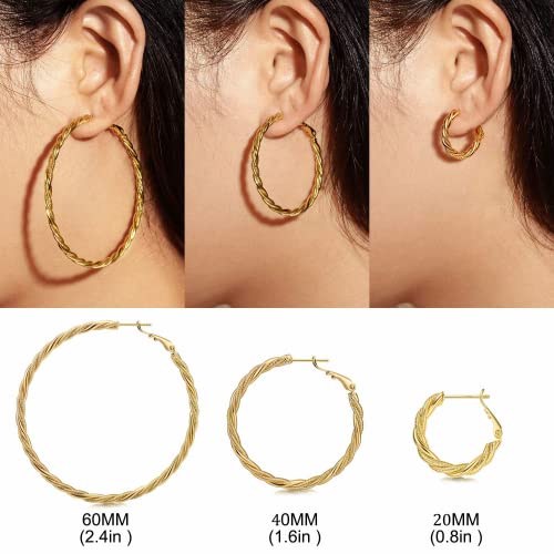 AllenCOCO Gold Hoop Earrings for Women, 14K Gold Plated Chunky Twisted Hypoallergenic Hoop Earrings with 925 Sterling Silver Post 60mm