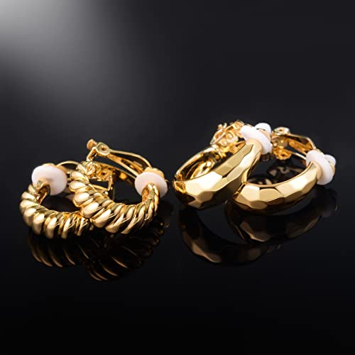 AllenCOCO 2 Pairs 18K Gold Plated Clip on Hoop Earrings for Women Girls Chunky Hoop Earrings No Piercing Earrings