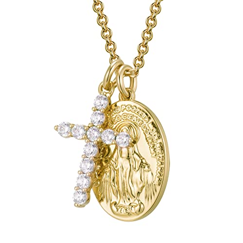 Gold Cross Necklaces for Women, AllenCOCO Rose Gold Plated Virgin Mary Pendant Necklace with Cubic Zirconia for Girls