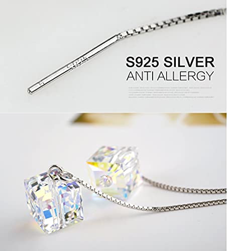 AllenCOCO Threader Earrings for Women Hypoallergenic 925 Sterling Silver Long Dangle Earrings Austria Crystals Drop Earrings (White)