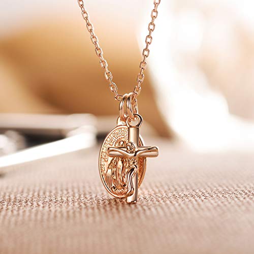 Gold Cross Necklaces for Women, AllenCOCO Rose Gold Plated Virgin Mary Pendant Necklace for Girls, with Cubic Zirconia