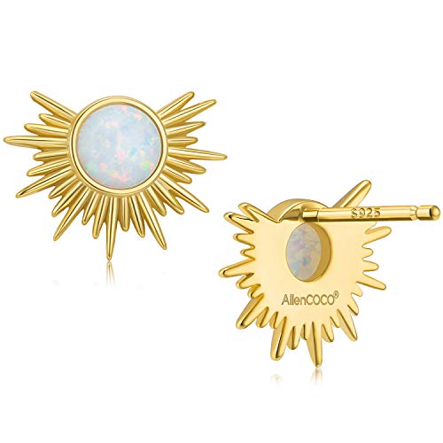 AllenCOCO White Opal Adorned Sunburst Stud Earrings 925 Solid Sterling Silver Post 14k Gold Plated Jewelry for Women