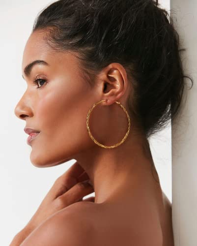 AllenCOCO Gold Hoop Earrings for Women, 14K Gold Plated Chunky Twisted Hypoallergenic Hoop Earrings with 925 Sterling Silver Post 60mm