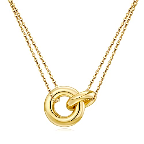 AllenCOCO Gold Necklace for Women Girl 18k Gold Pleated Dainty and Simple Choker Necklace Interlocking Circle Pendent Necklace