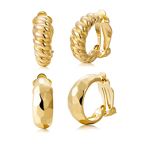 AllenCOCO 2 Pairs 18K Gold Plated Clip on Hoop Earrings for Women Girls Chunky Hoop Earrings No Piercing Earrings