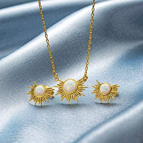 AllenCOCO White Opal Adorned Sunburst Stud Earrings 925 Solid Sterling Silver Post 14k Gold Plated Jewelry for Women