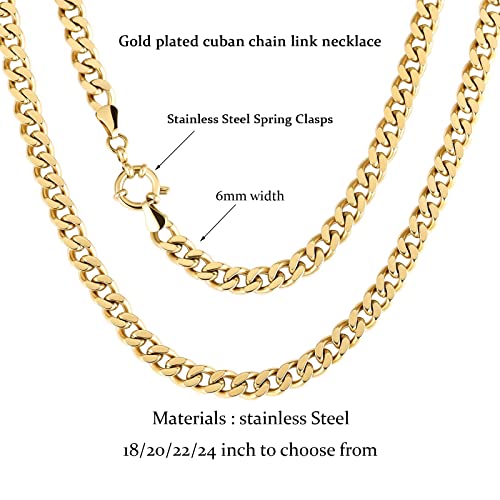 AllenCOCO 6mm Cuban Link Chain Necklace for Men Women Diamond Cut Gold Plated Hip-Hop Chain Stainless Steel Curb Necklace 18/20/22/24 Inch